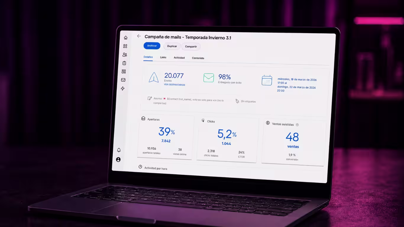 El panel de una campaña de email en Marketing Nube, con las métricas de envíos, aperturas, clics y ventas