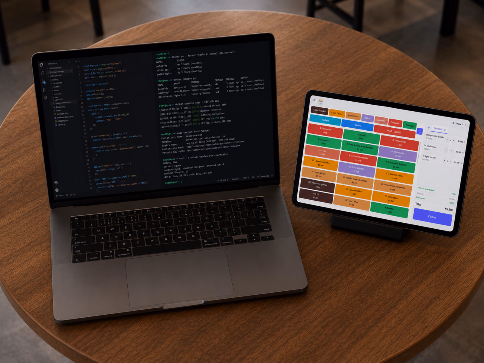 El entorno de trabajo: la terminal con Docker y certbot, el código y la tablet del POS al lado